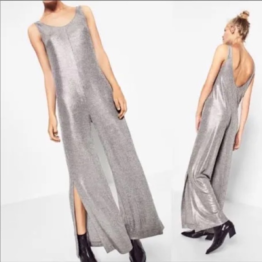 Zara Trafaulic Collection Metallic Silver Sleeveless Jumpsuit